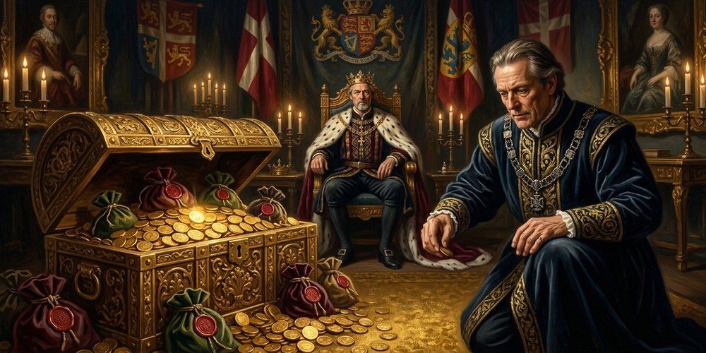 Royal skatkiste med guldmønter og forseglede pengeposer — danske casino bonusser.